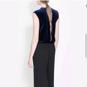 ZARA blue velvet open back jumpsuit